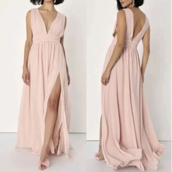 Lulus Heavenly Hues Blush Quiet Luxury V-Neck Cocktail Coquette Maxi Dress Sz.XS - Picture 1 of 9